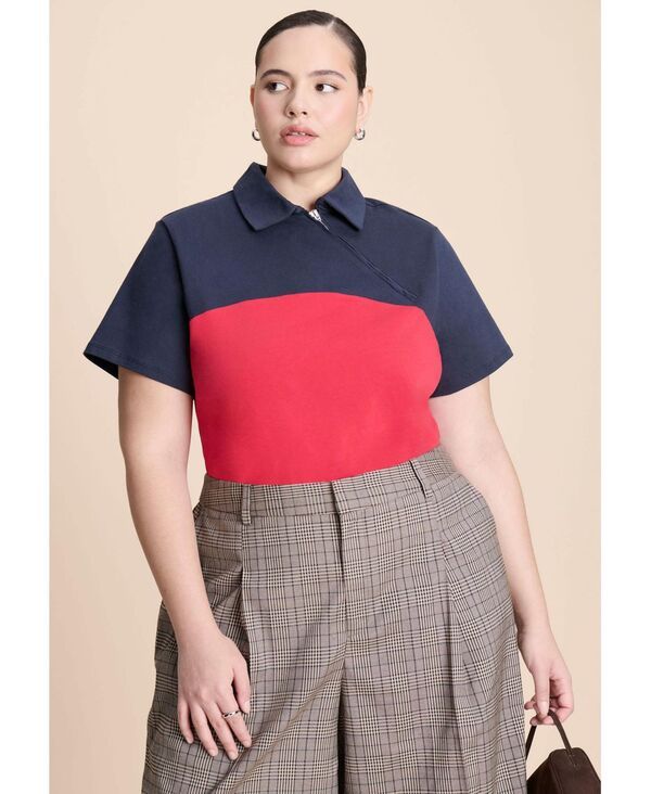 エロクイ レディース トップス ポロシャツ ELOQUII Womens Asym Zipper Neck Polo Shirt Red and navy ネイビー