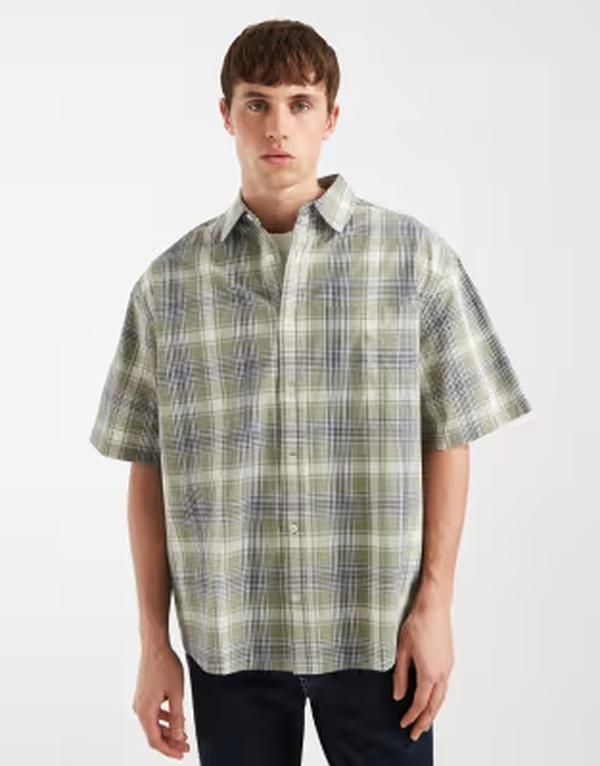 エイソス メンズ トップス シャツ ASOS DESIGN oversized plaid shirt Khaki カーキ