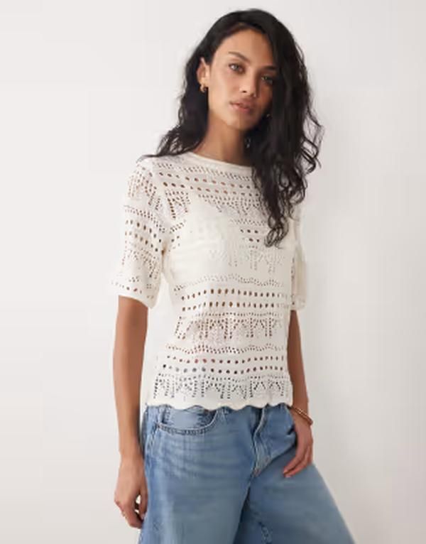 ジェイディーワイ レディース アウター ニット・セーター JDY open knit boxy half sleeve top in cream Eggnog クリーム