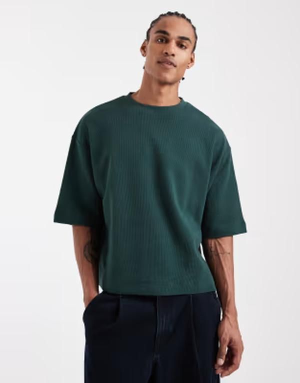 エイソス メンズ トップス Tシャツ ニット ASOS DESIGN oversized boxy tshirt withalf sleeves in dark green waffle knit Darkest spruce グリーン