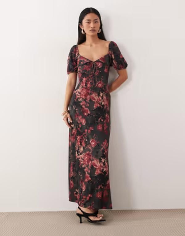 エイソス レディース トップス ワンピース フラワー柄 プリント ミディ フラワー ASOS DESIGN scalloped collar puff sleeve seam detail midi tea dress in dark floral print