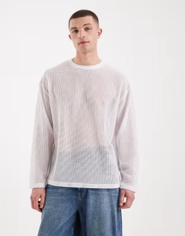 エイソス メンズ トップス Tシャツ ASOS DESIGN oversized long sleeve tshirtextured fabric WHITE ホワイト