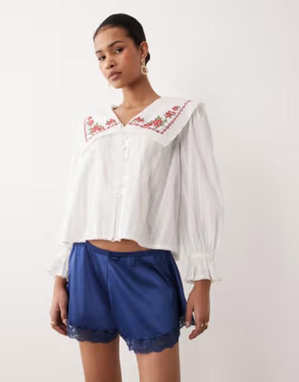 ノーバディーズ チャイルド レディース トップス シャツ 刺繍 ブラウス Nobodys Child Eloisembroideredetail blouse White ホワイト