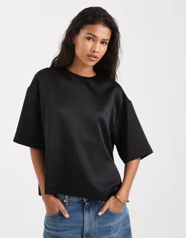 エイソス レディース トップス シャツ サテン ASOS DESIGN satin tee Black ブラック