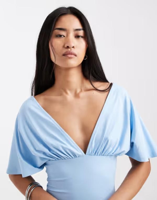 エイソス レディース トップス Tシャツ ノースリーブ ASOS DESIGN polyamide plunge sleeveless tie back cinch top Light Blue ブルー