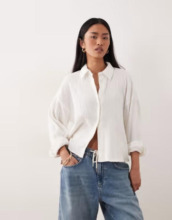 エイソス レディース トップス シャツ コットン クロップド ASOS DESIGN cropped textured cotton shirt Ivory アイボリー