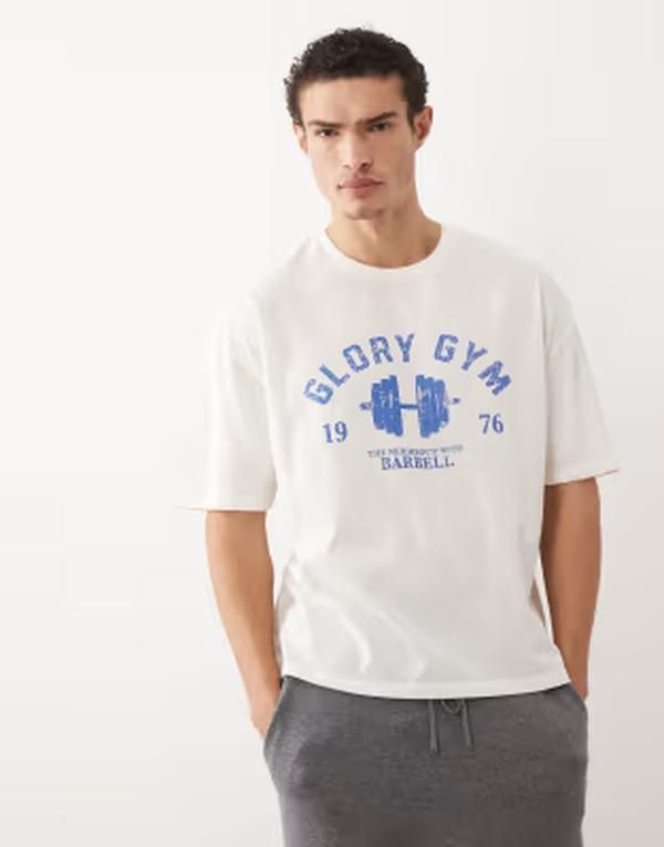 エイソス メンズ トップス Tシャツ グラフィック ASOS DESIGN boxy oversized tshirt with gym graphic in cream Coconut milk クリーム