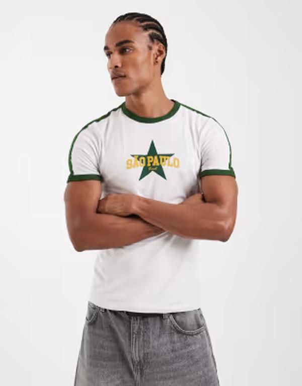 エイソス メンズ トップス Tシャツ グラフィック ASOS DESIGN muscle fit ringer tshirt with So Paulo graphic Nimbus ホワイト