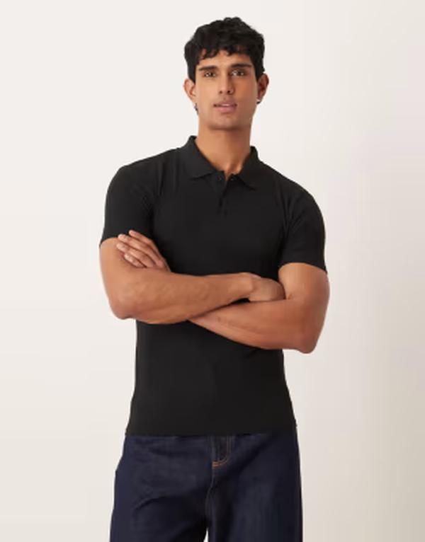 エイソス メンズ トップス ポロシャツ ASOS DESIGN Essentials muscle fit polo riblack ブラック