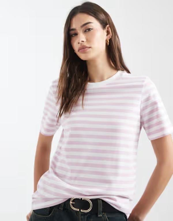 ピーシーズ レディース トップス Tシャツ Pieceshort sleeve boxy tshirt in light pink and white stripes Winsome orchid ホワイト
