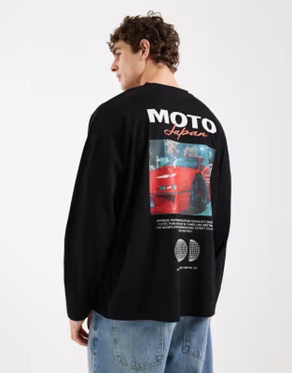 エイソス メンズ トップス Tシャツ プリント ASOS DESIGN oversized long sleeve Tshirt with motor back print Black ブラック