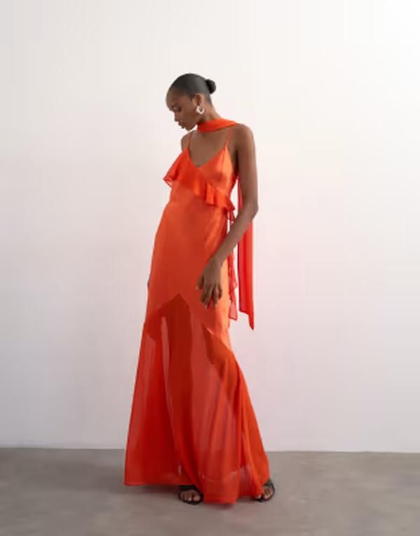 トップショップ レディース トップス ワンピース フリル マキシ Topshop mixed fabric ruffle detail maxi slip in rust ラスト