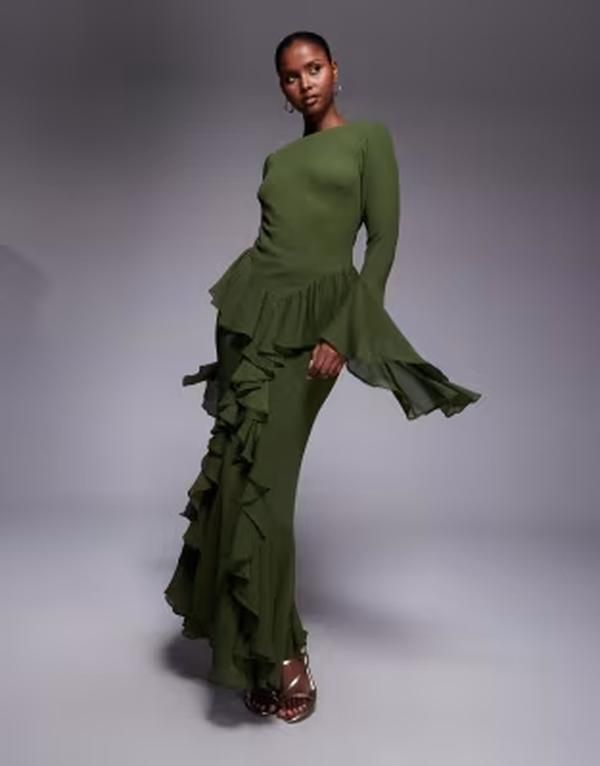 エイソス レディース トップス ワンピース フリル マキシ ASOS DESIGN long sleeve ruffle maxi dress in forest Green グリーン