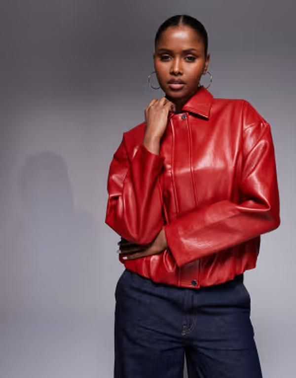 リバーアイランド レディース アウター ジャケット・ブルゾン レザー フェイクレザー River Island faux leather collared bomber jacket RED レッド