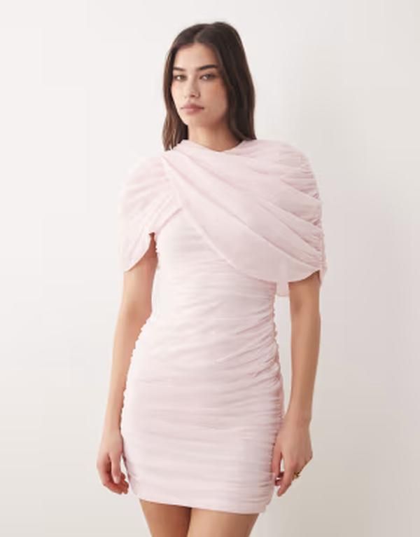 エイソス レディース トップス ワンピース ケープデザイン ドレープ ミニ メッシュ キャップ ケープ ASOS DESIGN draped mesh cape mini with shoulder pads in baby Pink ピンク