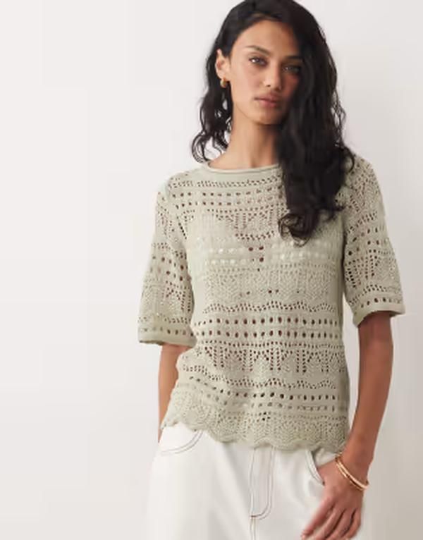 ジェイディーワイ レディース アウター ニット・セーター JDY open knit boxy half sleeve top in sage Desert sage セージ
