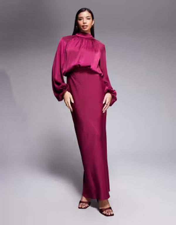 エイソス レディース トップス ワンピース ハイネック マキシ ASOS DESIGN textured blouson maxi dress withigh neck and tie back in raspberry