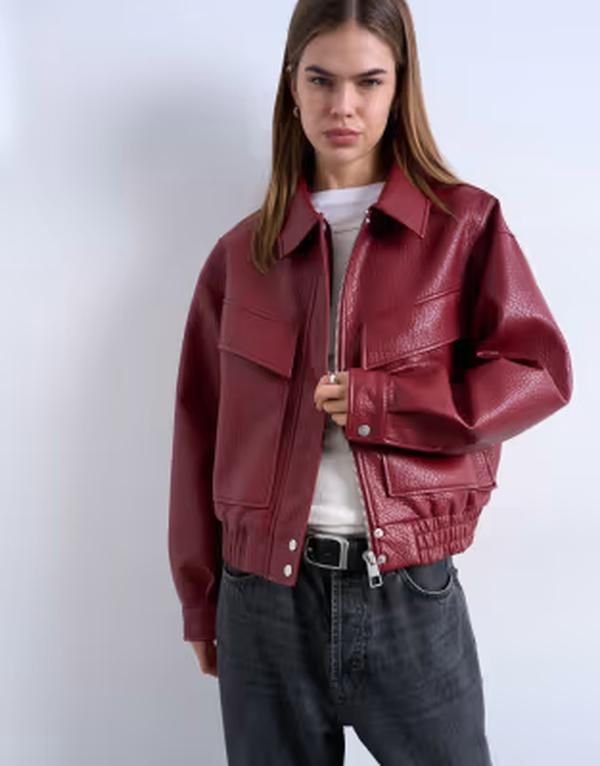 トップショップ レディース アウター ジャケット・ブルゾン レザー フェイクレザー Topshop faux leather bubble boxy zip upocket bomber jacket red レッド