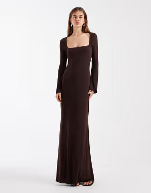 エイソス レディース トップス ワンピース マキシ ASOS DESIGN softouch wide square neck maxi dress in chocolate チョコレート