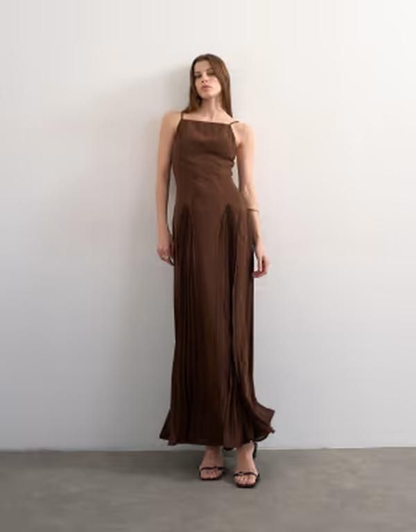 トップショップ レディース トップス ワンピース プリーツ マキシ Topshopremium pleated high godets maxi dress Brown ブラウン