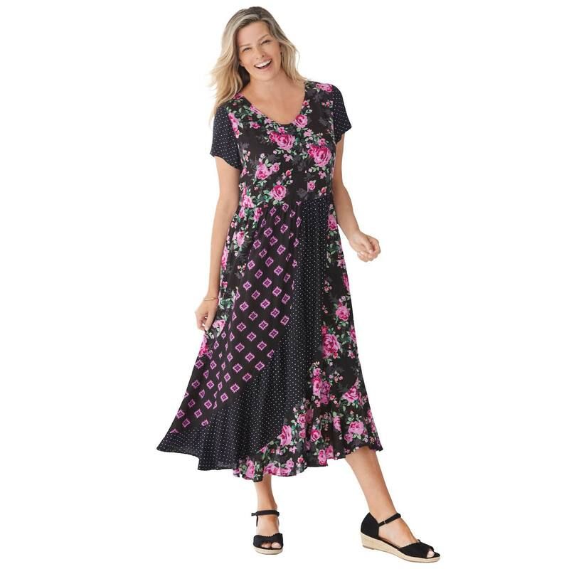 ウーマン ウィズイン レディース トップス ワンピース プラスサイズ プリント マキシ Woman Within Plusize Mixed Print Maxi Dress Black Pretty Rose ブラック