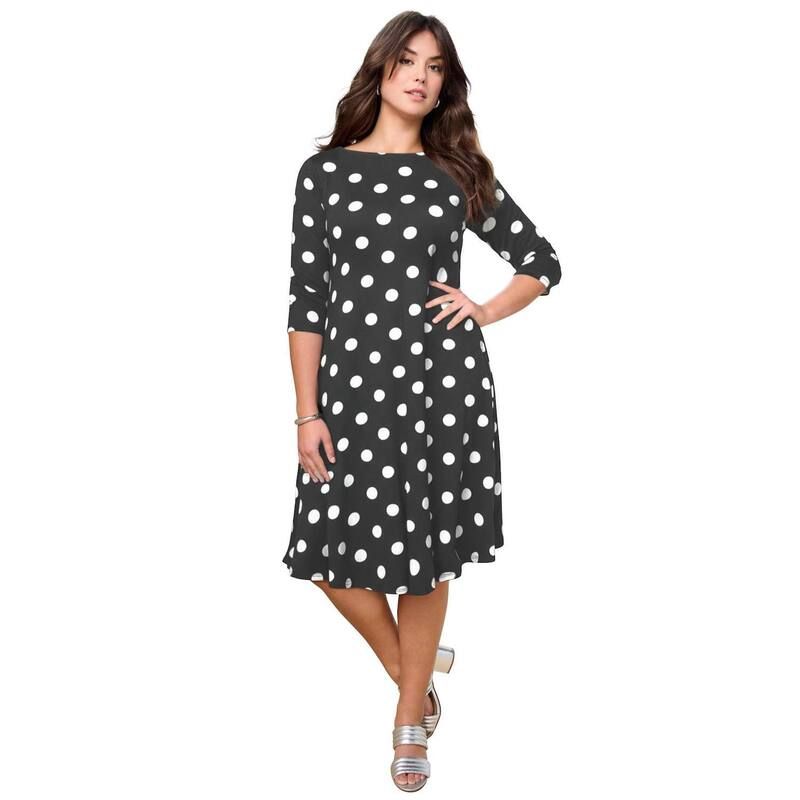 ロアマンズ レディース トップス ワンピース プラスサイズ Roamans Womens Plusize 34 Sleeve Boatneck Swing Dress White Large Dots ホワイト
