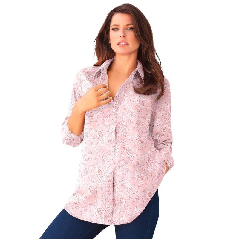 ロアマンズ レディース トップス シャツ プラスサイズ コットン Roamans Womens Plusize Kate Long Sleeveasy CottonBlend ButtonFront Shirt Peach Coral Paisley ピーチ