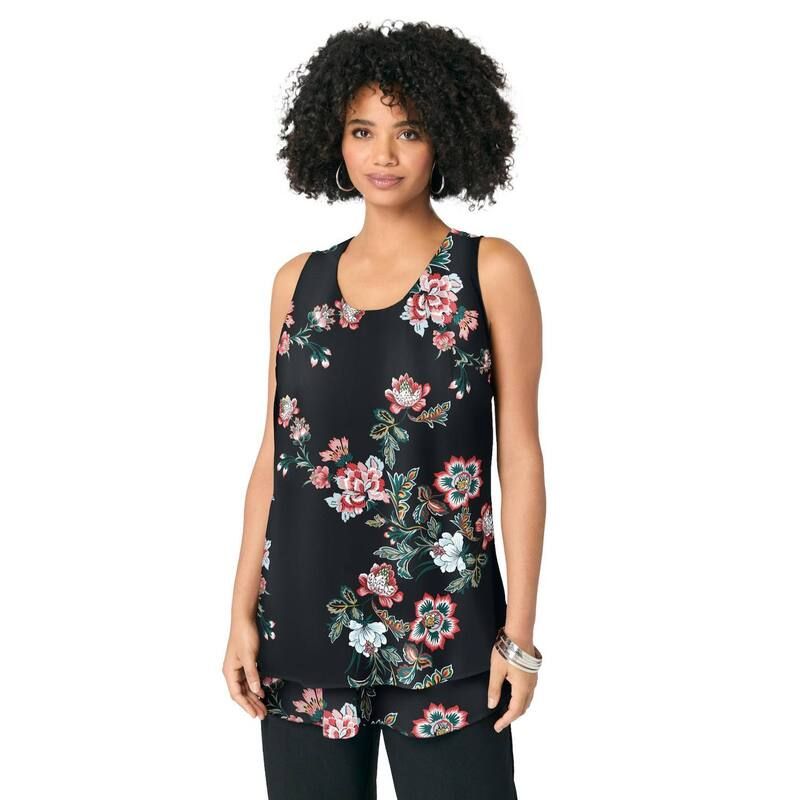 ロアマンズ レディース トップス Tシャツ ジョーゼット プラスサイズ Roamans Womens Plusize DoubleLayer Georgette Tank Top Black Spaced Blooms ブラック