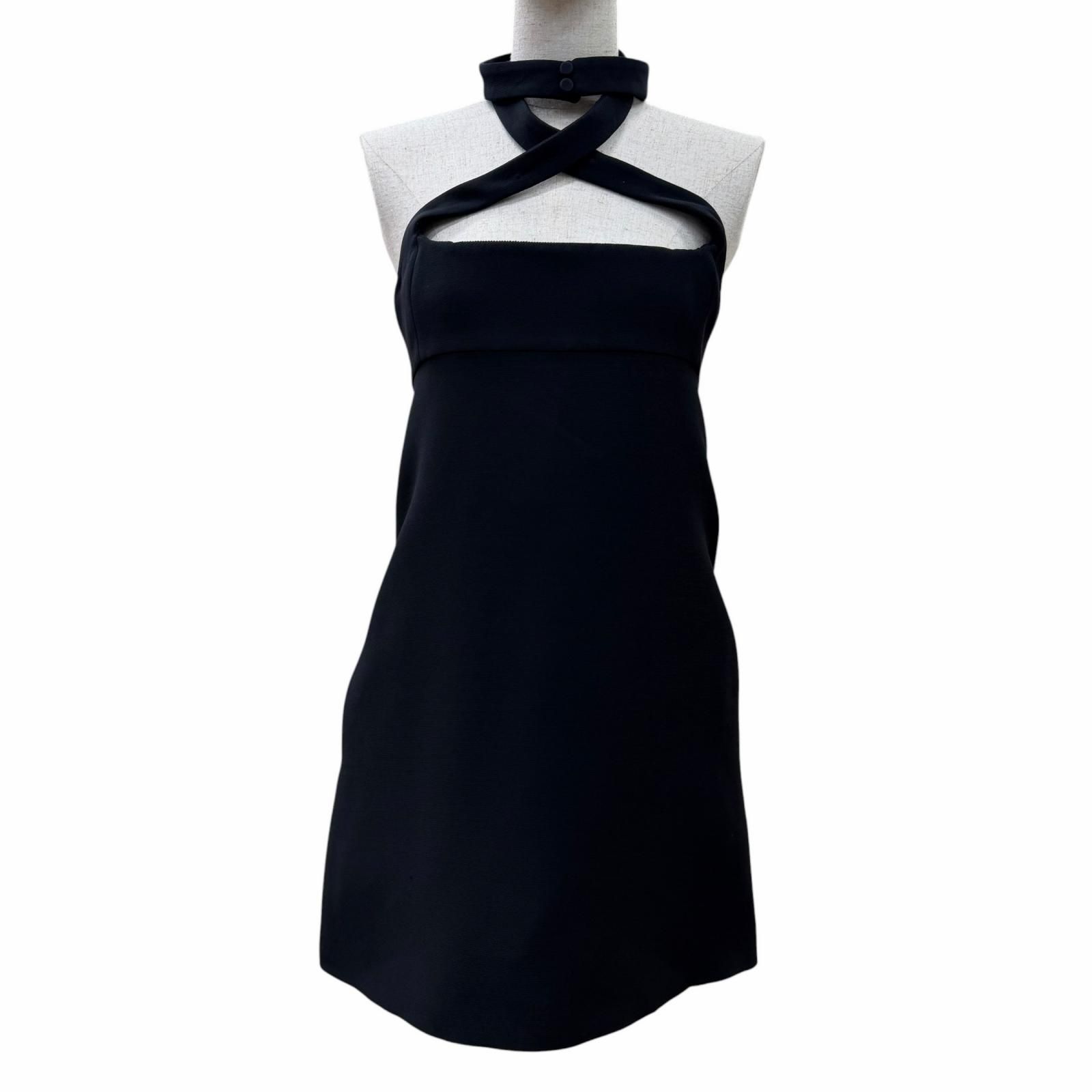 美品☆Christian Dior クリスチャンディオール 221R39A1166 ウール シルクブレンドホルターネック ミニドレス ワンピース ブラック 38 イタリア製 正規品 レディース