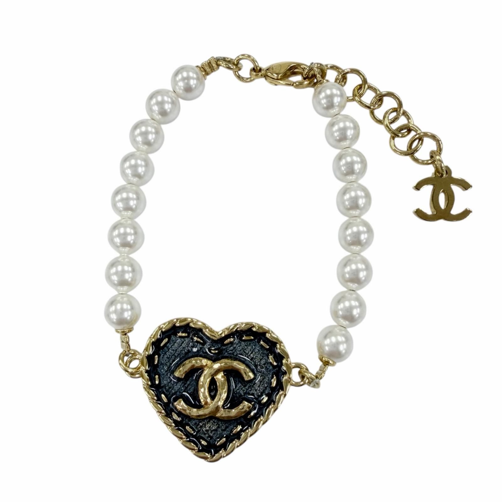 美品☆CHANEL シャネル 2024年製 I24P ココマーク ハート フェイクパール デニムデザイン ブレスレット ゴールド イタリア製 レディース