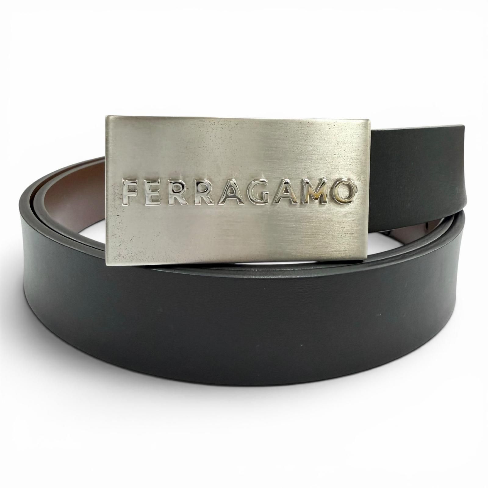 未使用品▼FERRAGAMO フェラガモ ロゴプレート バックル リバーシブル レザーベルト ブラック ブラウン シルバー金具 イタリア製 メンズ 定価75,900円