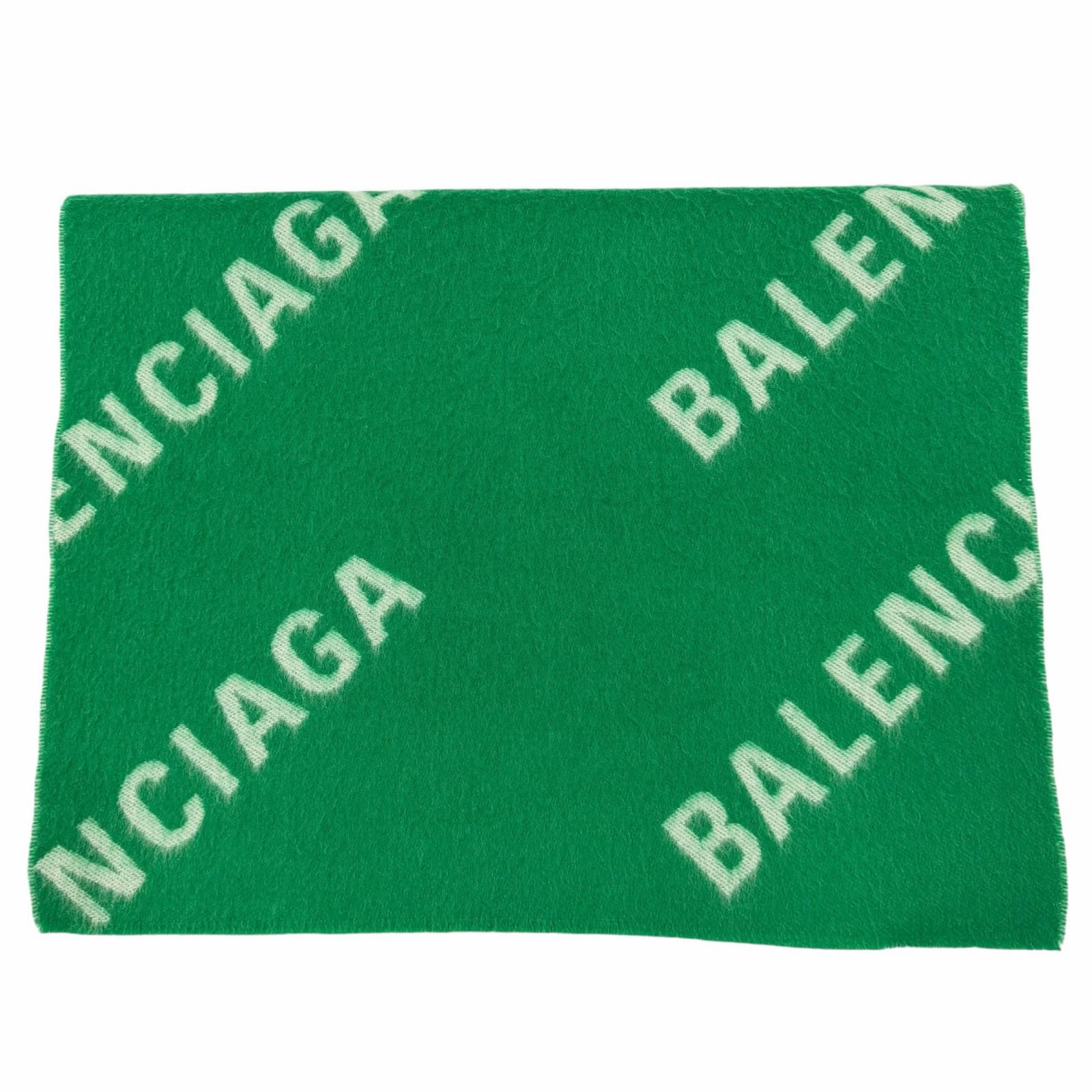 極美品▼BALENCIAGA バレンシアガ 685514 ウール100% オールオーバー ロゴ柄 大判ストール マフラー グリーン イタリア製 正規品 メンズ 28,116円