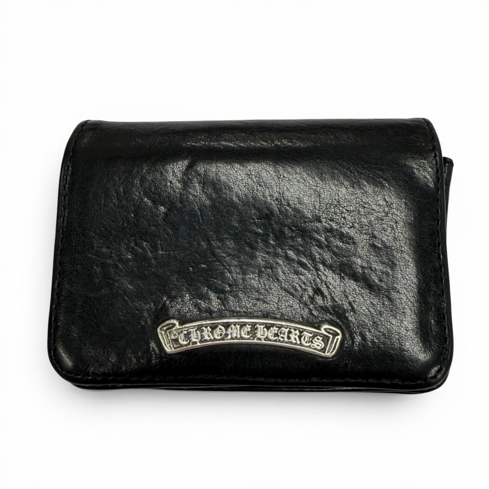 良品▼CHROME HEARTS クロムハーツ レザー 925 3ポケット スクロールラベルプレート 二つ折り 名刺入れ パスケース カードケース ブラック シルバー メンズ
