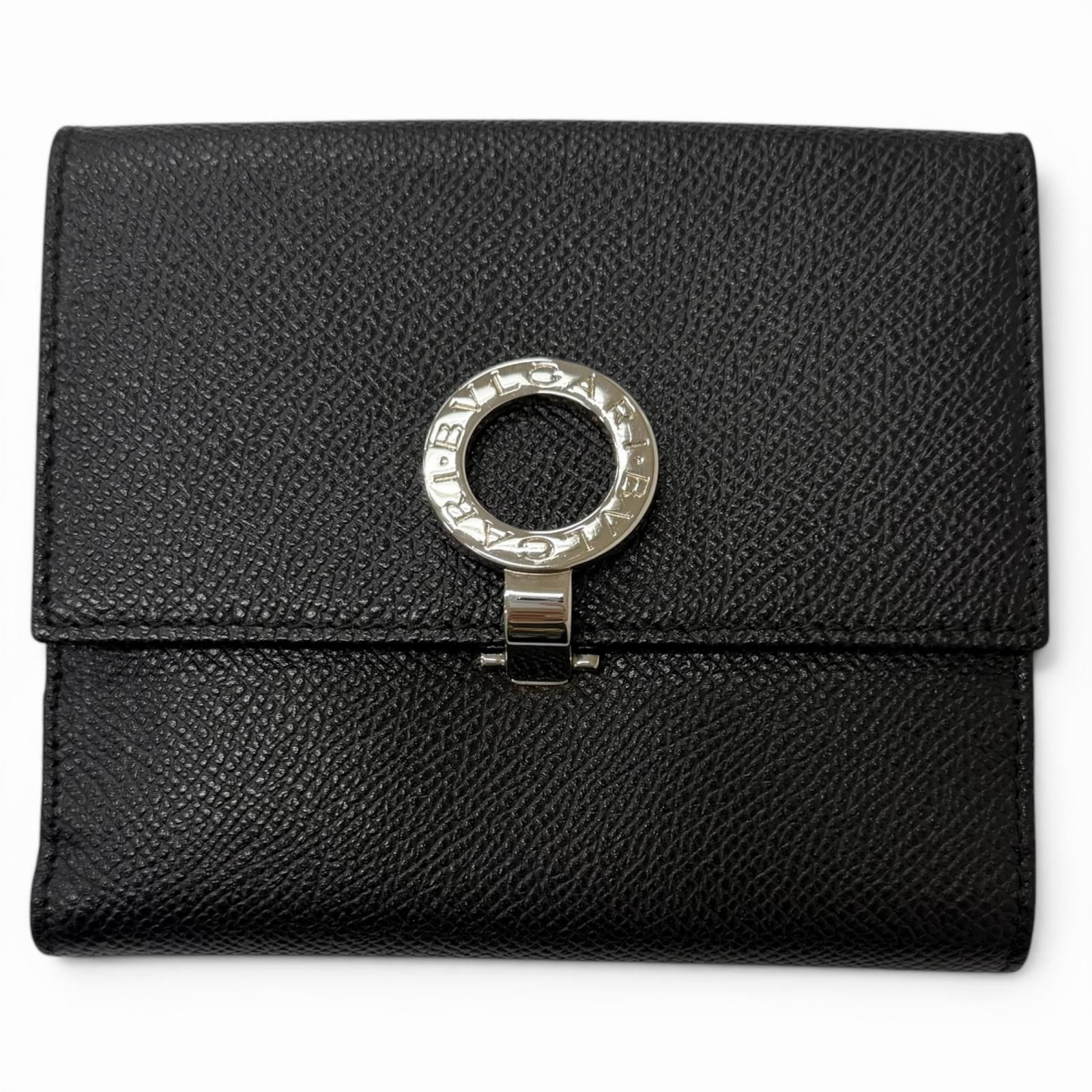 美品□BVLGARI ブルガリ レザー ブルガリブルガリ ロゴクリップ コンパクトウォレット 二つ折り財布 ブラック シルバー メンズ 箱付き