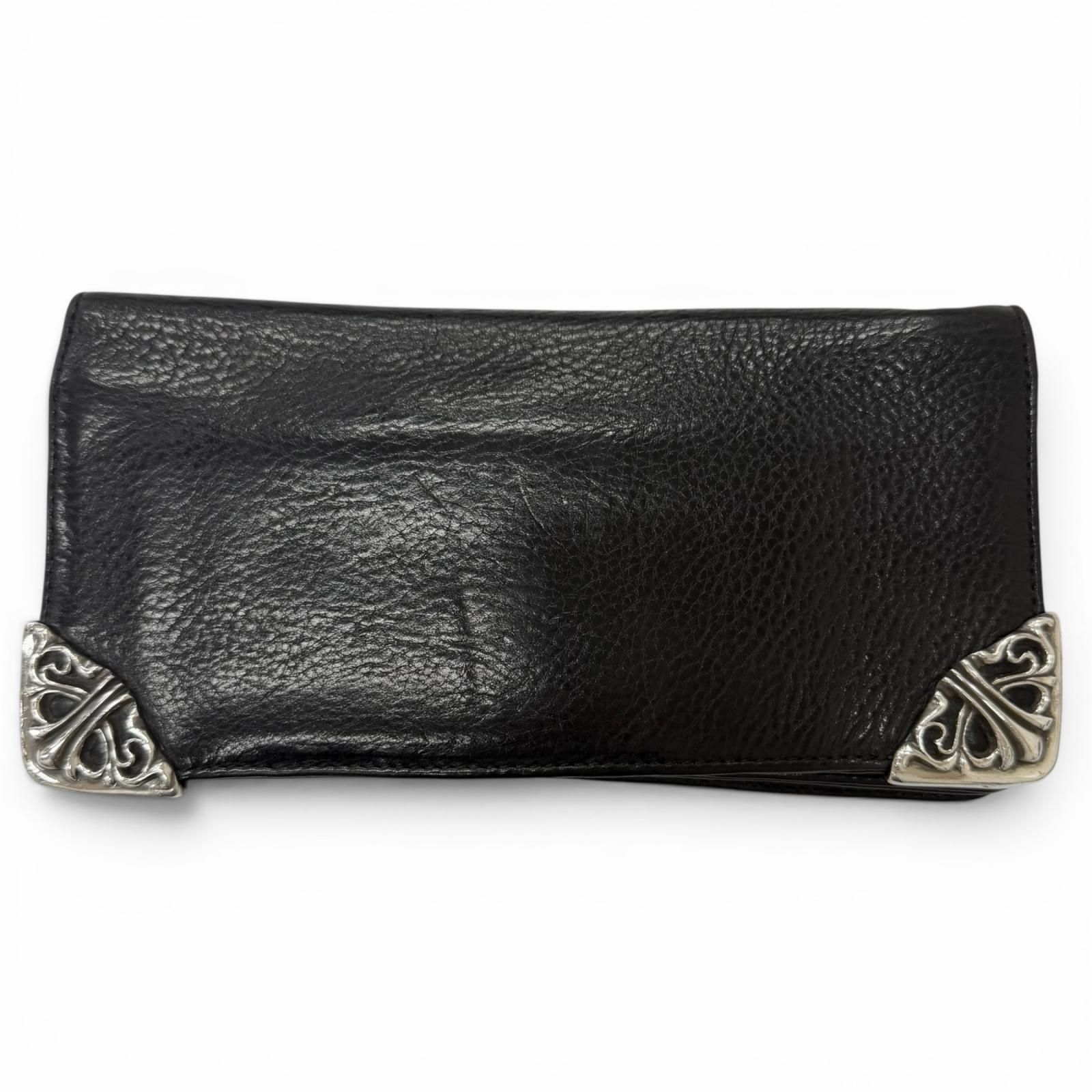 人気□CHROME HEARTS クロムハーツ LNG SNGL FLD TIPS レザー SV925 シングル フォールド ロングウォレット 長財布 ブラック シルバー メンズ