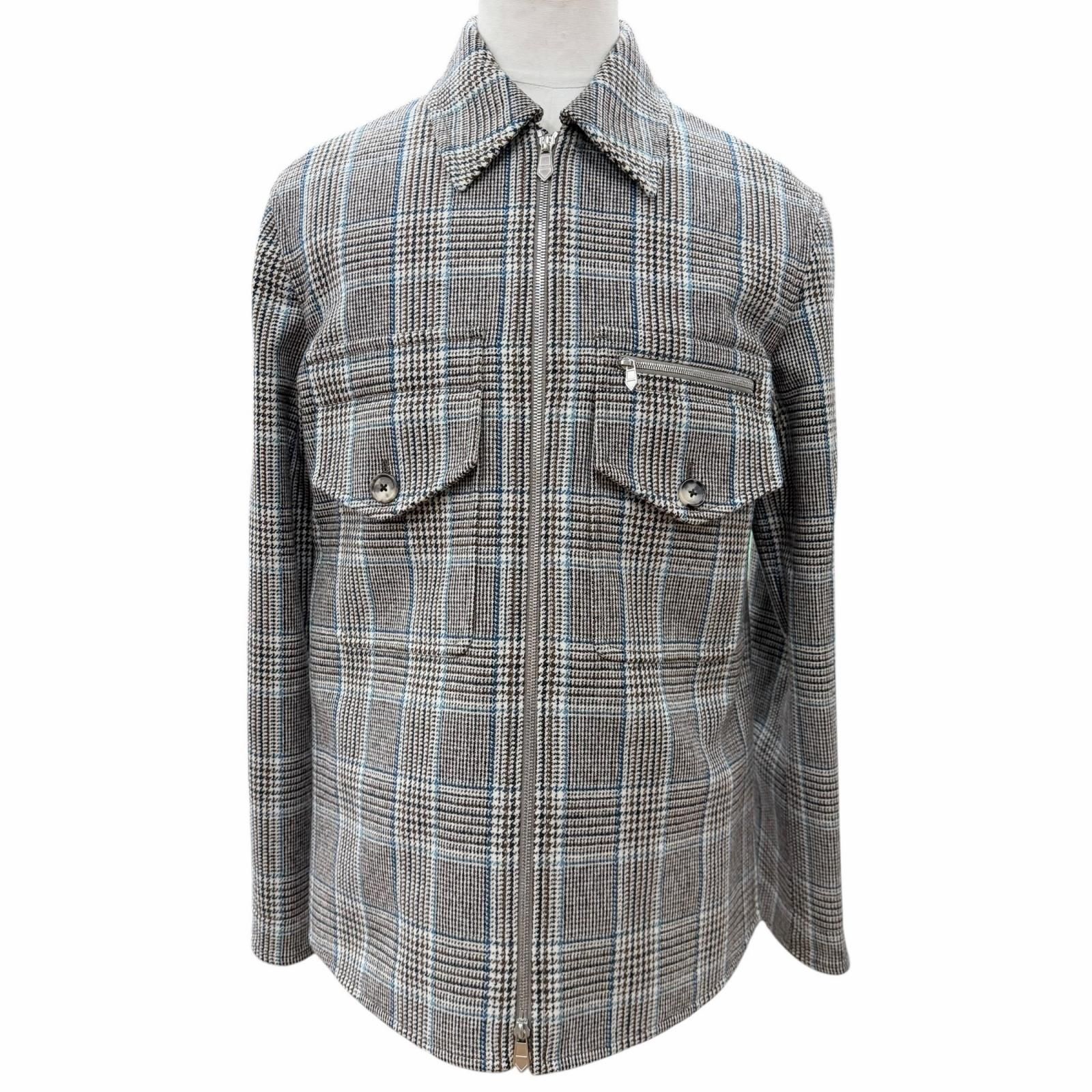 未使用品▼HERMES エルメス H462320HD Prince of Wales surligne チェック柄 セリエボタン ダブルジップアップ ジャケット 長袖 オーバーシャツ グレー 44 イタリア製 正規品 メンズ ハンガー付き
