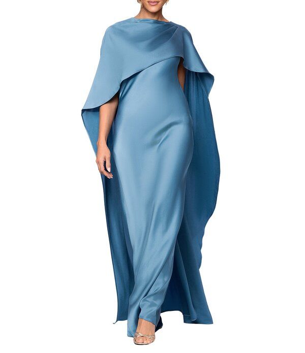 エスケープ レディース トップス ワンピース ケープデザイン クルーネック オーバーレイ サテン キャップ Xscape Crew Neck Cape Back Overlay Long Satin Dresslate スレート