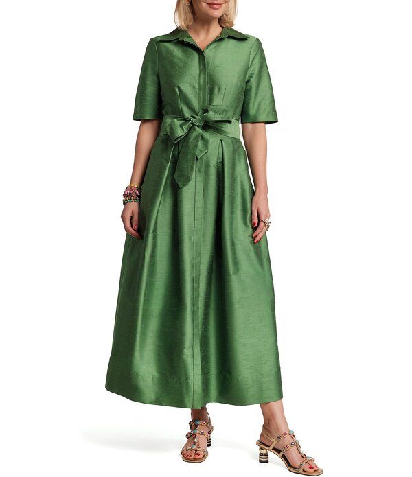 フランセスバレンタイン レディース トップス ワンピース マキシ FRANCES VALENTINE Bella Dupion Point Collar Short Sleeve Tie Waist Maxi Dress Green グリーン