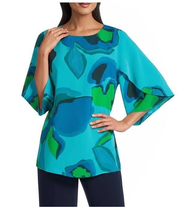 キャロライン ローズ レディース トップス シャツ クレープ フラワー柄 プリント フラワー Caroline Rose Copabstract Floral Print Matte Crepe Scoop Neck 34 Tulipetal Sleeve T