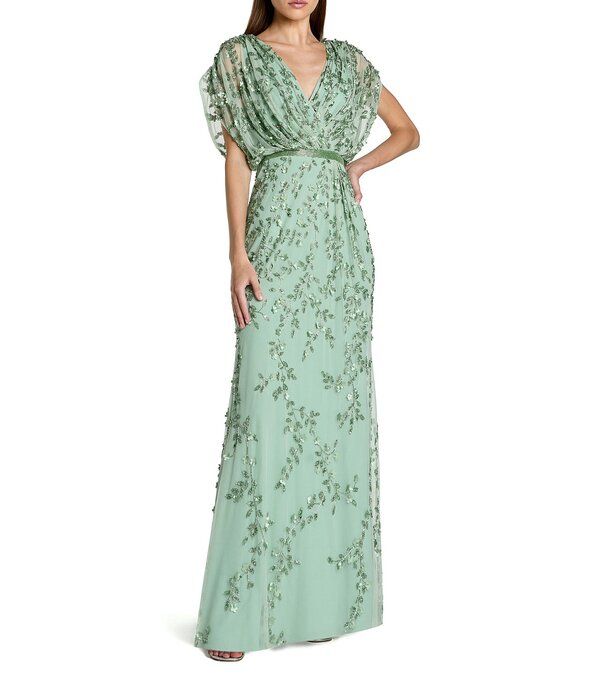 マックダガル レディース トップス ワンピース Vネック メッシュ Mac Duggal Mesh VNeck Short Sleeve Beaded Blouson Gown Seafoam