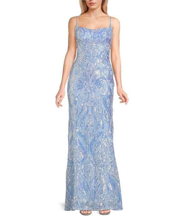 ビーダーリン レディース トップス ワンピースパンコール レース B Darlin Sequin Patterned Square Neck Lace Up Back Mermaid Long Dress BlueIridescent ブルー