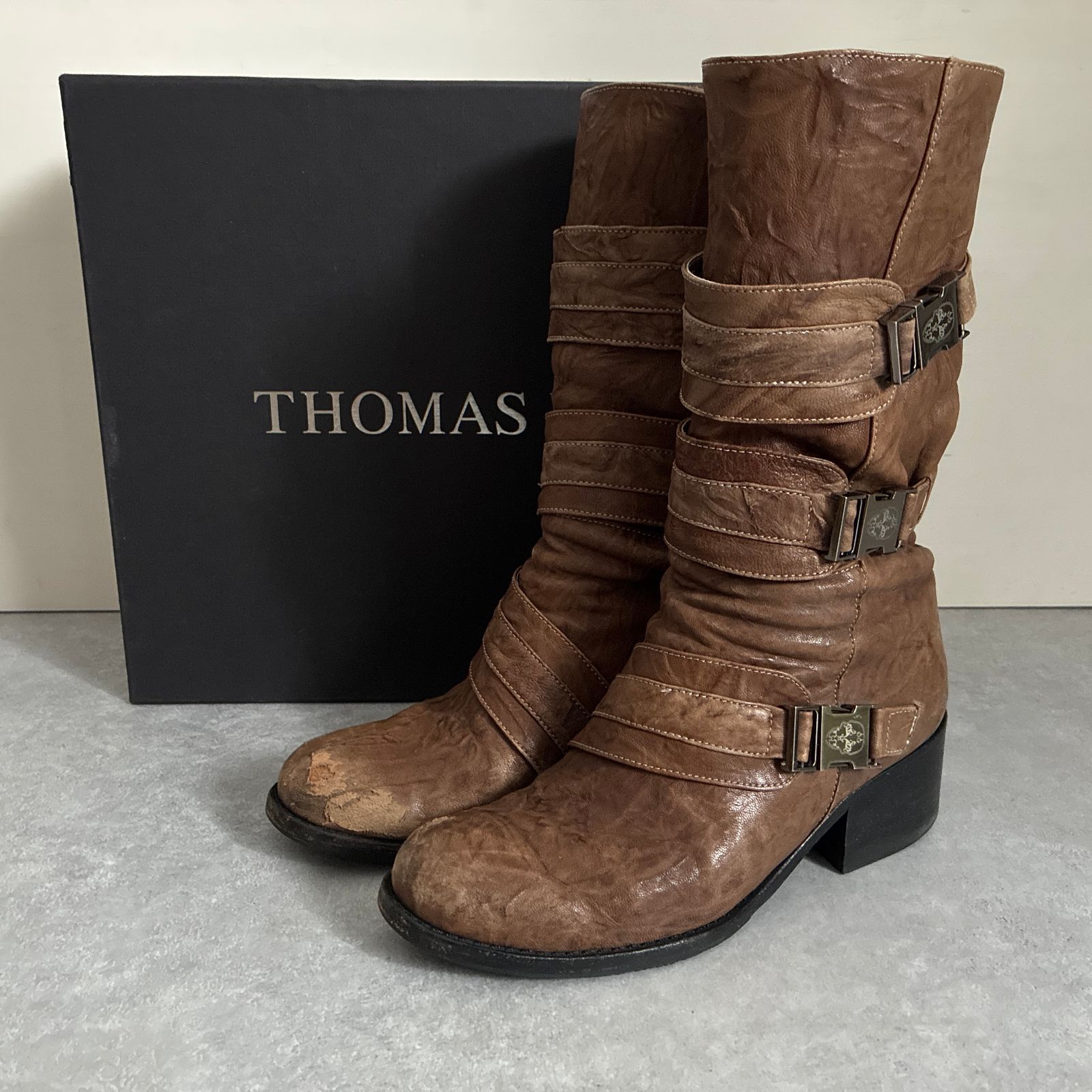 定価17万 THOMAS WYLDE ヴィンテージスタイル ベルトストラップ ロング ウエスタン ブーツ ブラウン トーマスワイルド 22㎝