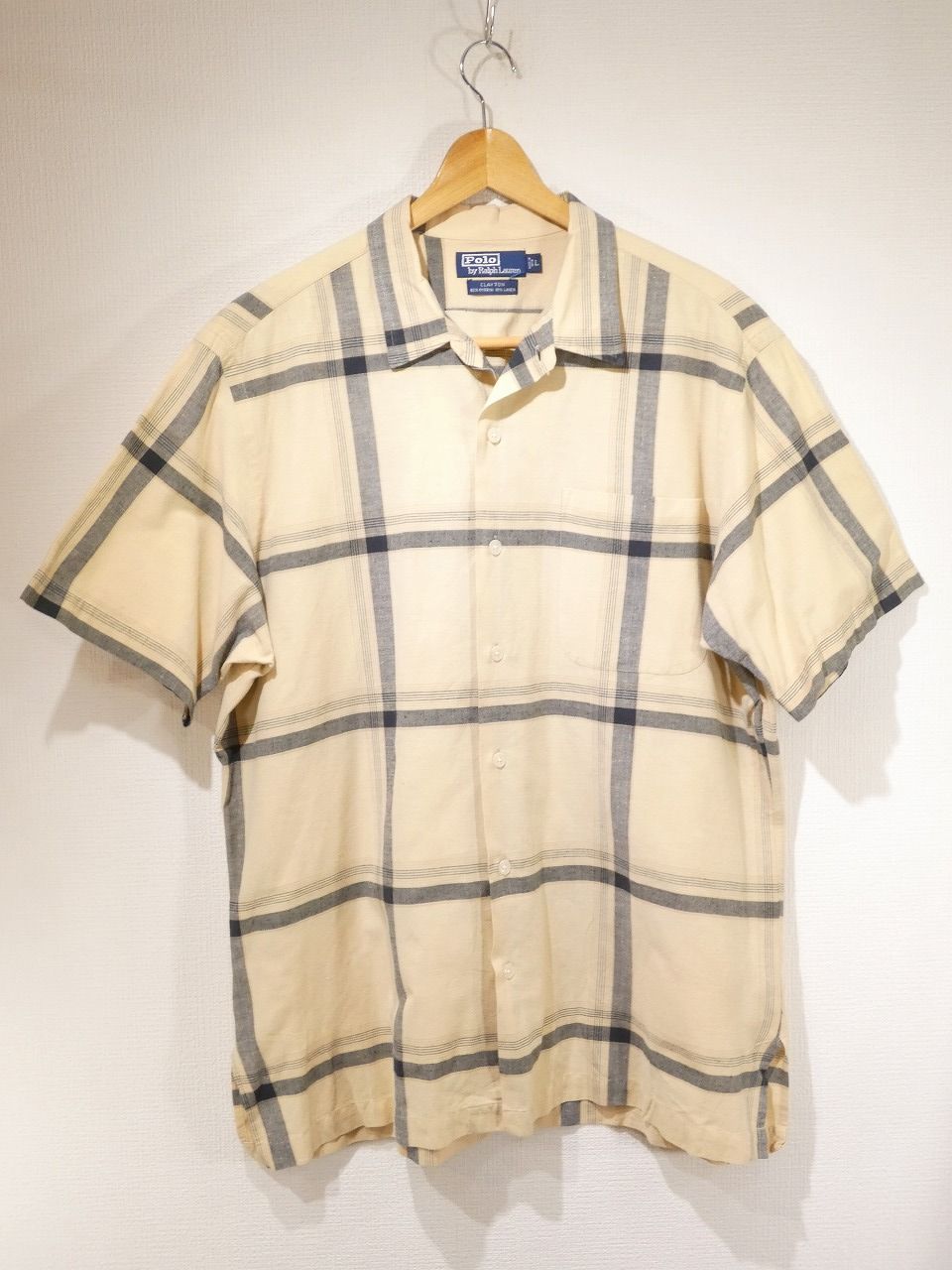90s ビンテージ Polo Ralph Lauren ラルフローレン CLAYTON クレイトン コットン×リネン プレイド チェック 開襟 半袖 S/S シャツ L CALDWELL VINTAGE CAMP