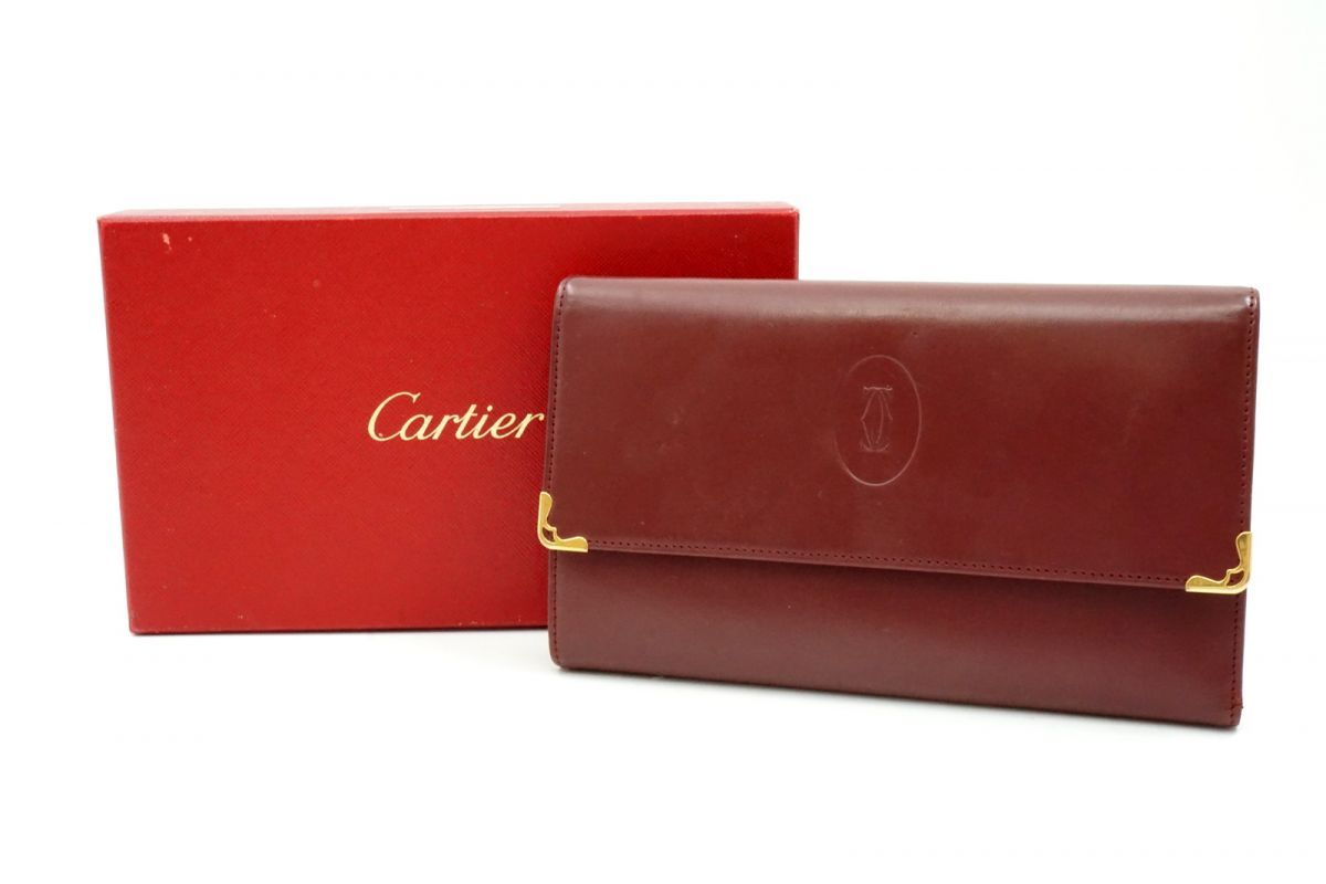 カルティエ ヴィンテージ マストライン 三つ折り 長財布 サイフ 2Cロゴ ゴールド金具 レザー ボルドー Cartier 6521k