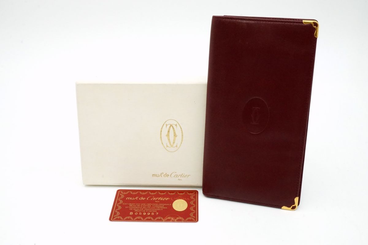 カルティエ ヴィンテージ マストライン 二つ折り 長財布 サイフ 2Cロゴ ゴールド金具 札入れ レザー ボルドー Cartier 6522k