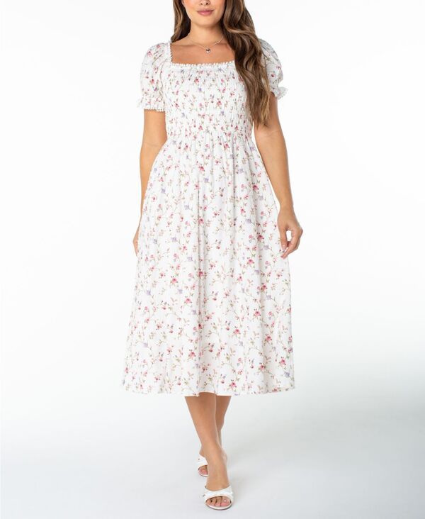 【送料無料】 セレブリティピンク レディース ワンピース トップス Juniors Textured Floral Printed PuffSleeve Midi Dress White Cashmere Rose