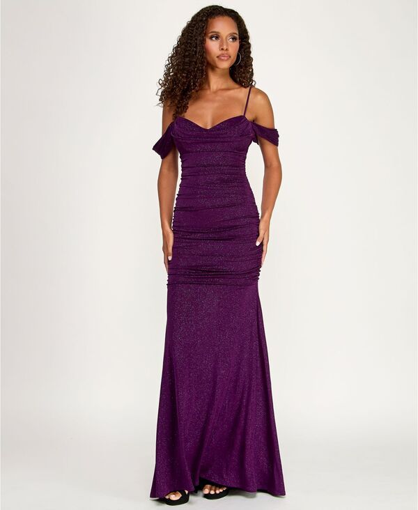 【送料無料】 エメラルドサンデー レディース ワンピース トップス Juniors OffTheShoulder Glitter Mermaid Gown Plum