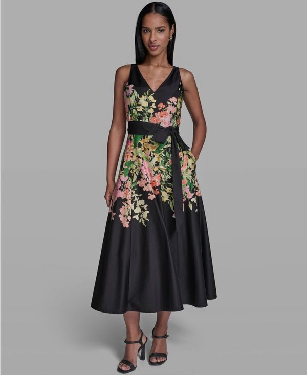 【送料無料】 カール ラガーフェルド レディース ワンピース トップス Womens Printed VNeck Midi Dress Black Multi