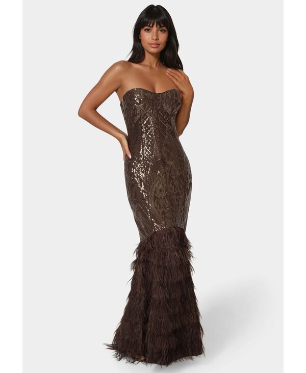 【送料無料】 ベベ レディース ワンピース トップス Womens Sequin Feather Gown Chocolate