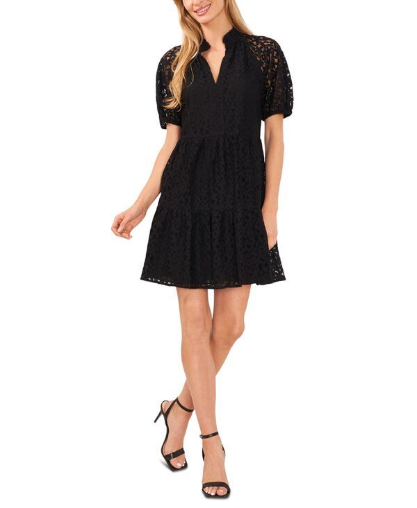 【送料無料】 セセ レディース ワンピース トップス Womens Lace Babydoll Puff Sleeve Tiered Dress Rich Black